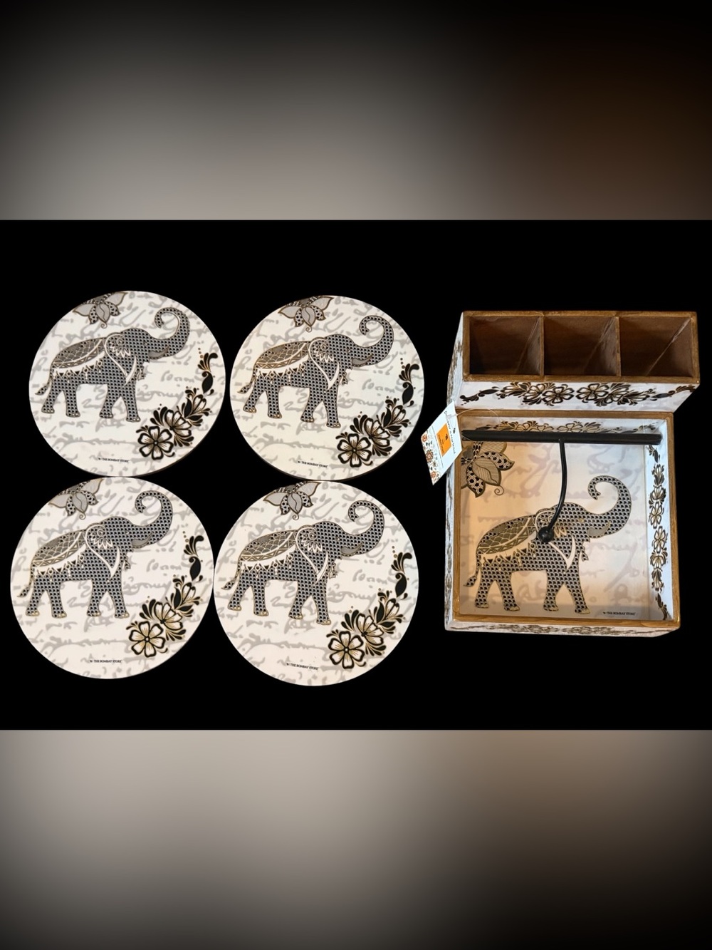 NWT! The Bombay Store “Royal Elephant” 4 Round Trivets & Napkin & Cutlery Holder